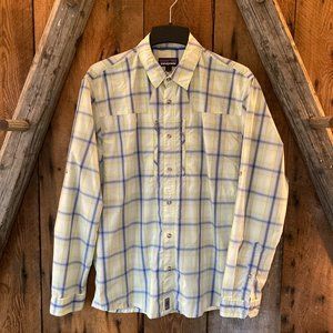 PATAGONIA Mens Long Sleeve Sun Stretch Plaid Shirt, Blue/White/Yellow Plaid, Med
